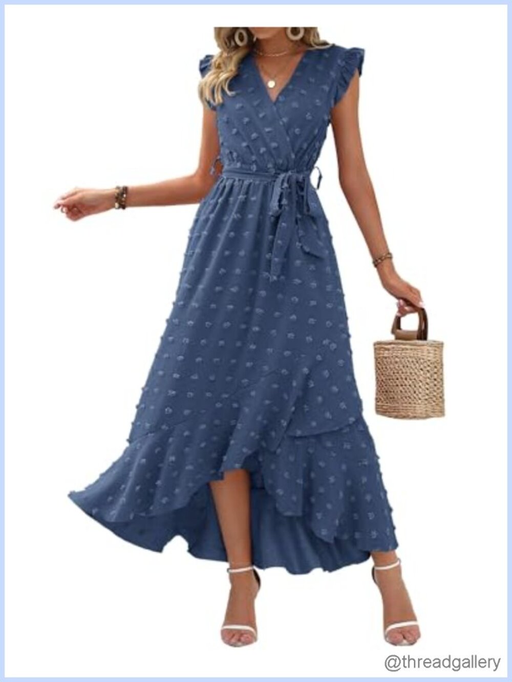 Swiss Dot Maxi Wedding Guest Dress V-Neck Tie Waist Ruffle Hem